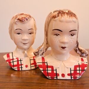 Charming Ceramic Boy & Girl Busts/Wall Planters - Red and Cream - Set Of 2